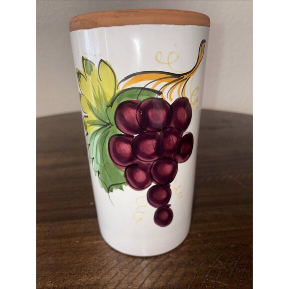 Pier 1 Terra Cotta Wine Chiller Hand Painted in Italy Purple Grapes EUC Vintage - Picture 1 of 5